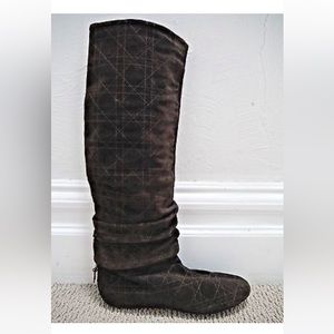 CHRISTIAN DIOR CANNAGE dark brown quilt suede knee high flat boots